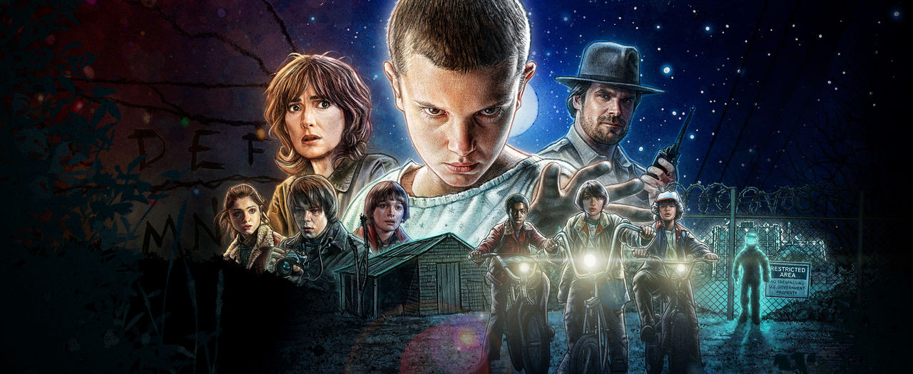 A montage of the characters and setting in Stranger Things.